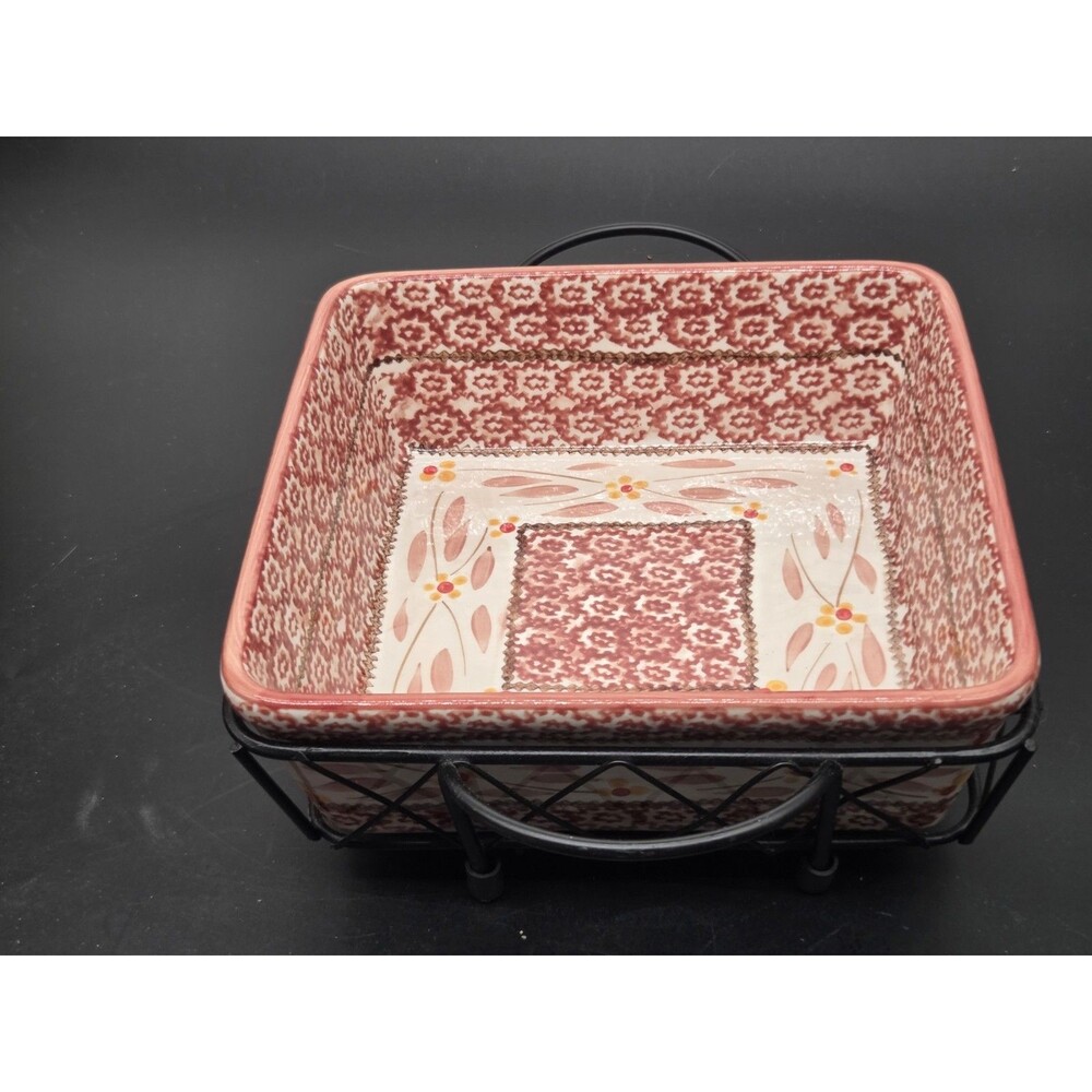 Vintage Temptations Old World Cranberry 8 Inch Square Baker With Metal Holder